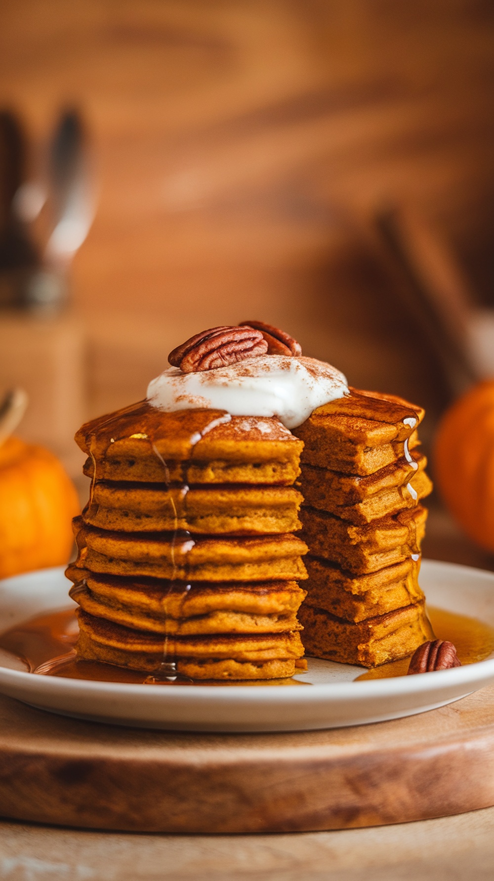Nutritious Pumpkin Pancakes Recipe Fluffy pumpkin pancakes with maple syrup and yogurt, garnished with cinnamon and pecans.