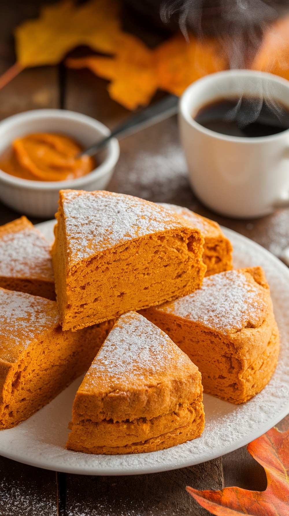 Sweet Sourdough Pumpkin Scones Recipe Golden pumpkin scones on a plate with powdered sugar, served with pumpkin butter and coffee on a rustic table.