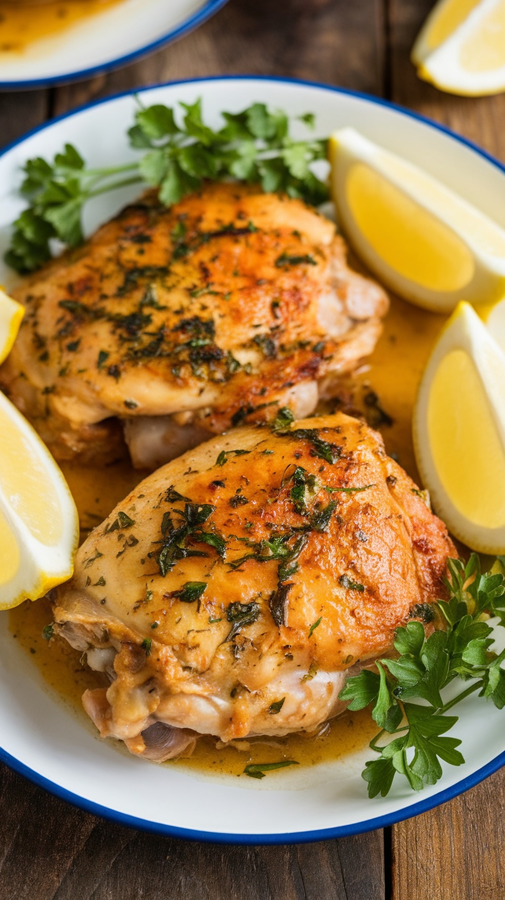 Garlic butter chicken thighs garnished with parsley and lemon wedges on a rustic wooden table.