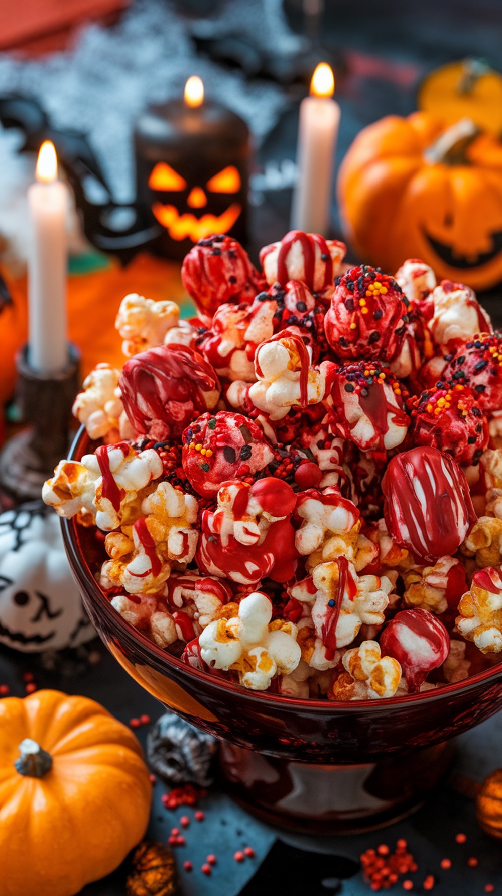 Bloody Red Velvet Popcorn Recipe A bowl of red velvet popcorn with red chocolate coating and sprinkles, set against Halloween decorations.