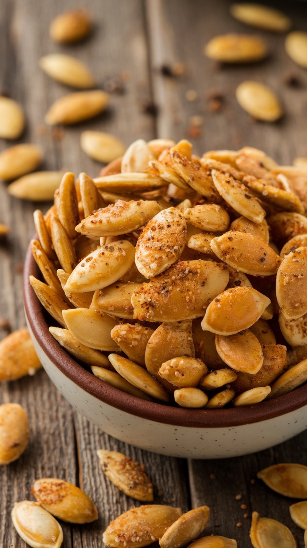 Crispy Air Fryer Pumpkin Seeds Recipe A bowl of golden-brown air-fried pumpkin seeds with spices, on a rustic wooden table.