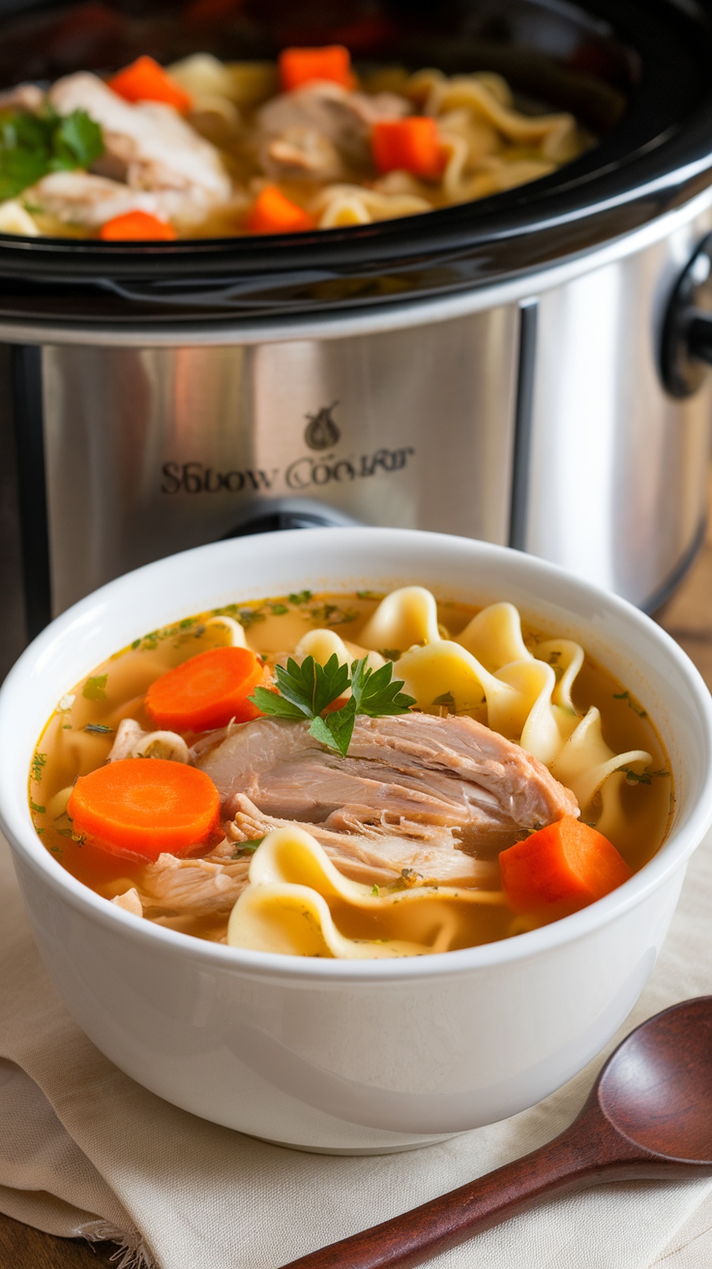 Slow Cooker Chicken Noodle Soup Recipe A bowl of chicken noodle soup with chicken, carrots, and noodles, garnished with parsley, in a cozy kitchen.