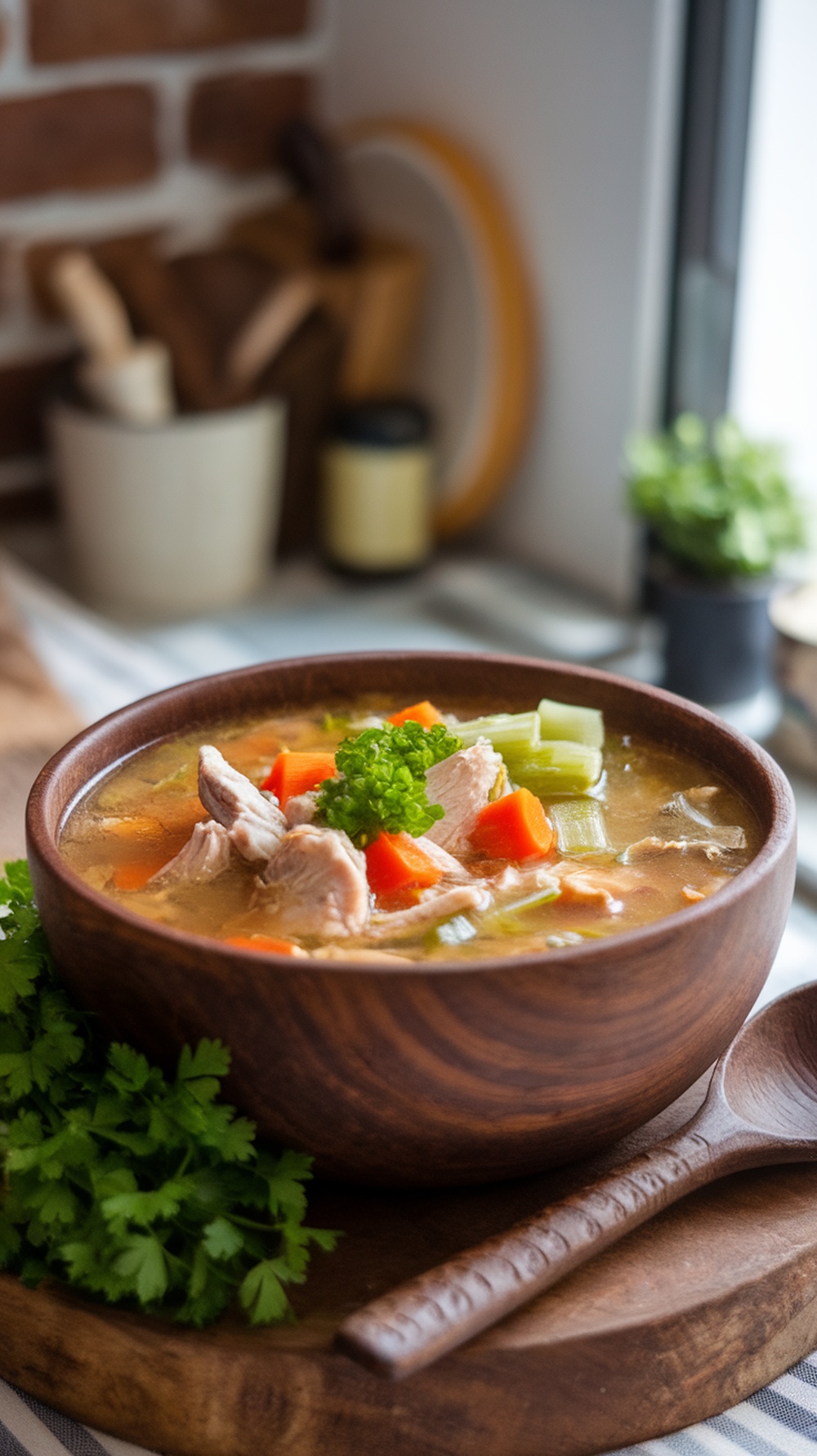 A comforting bowl of chicken soup with chicken, carrots, and celery, garnished with parsley, in a cozy kitchen.