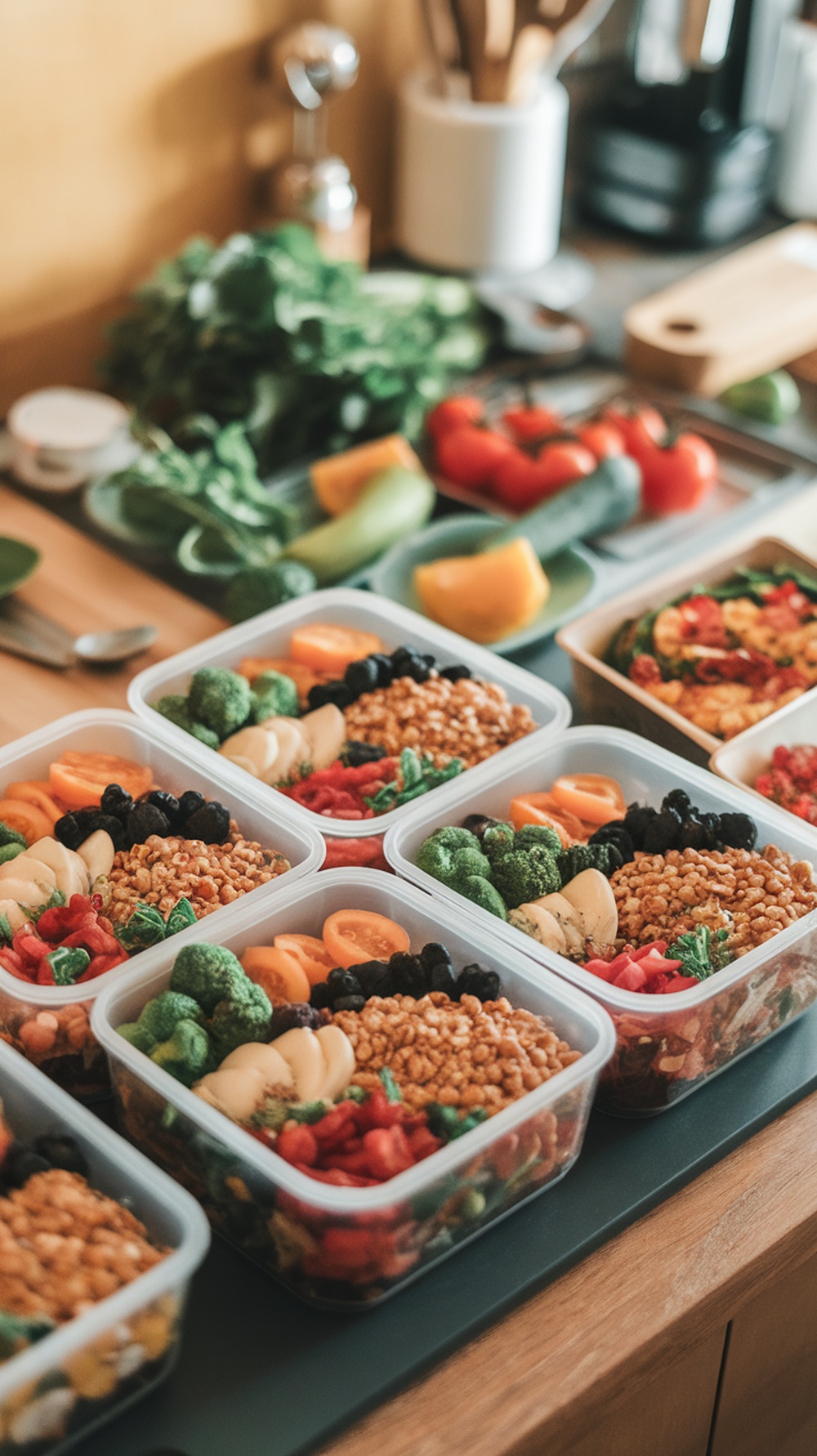 Beginner A variety of meal prep containers filled with healthy meals on a kitchen counter.